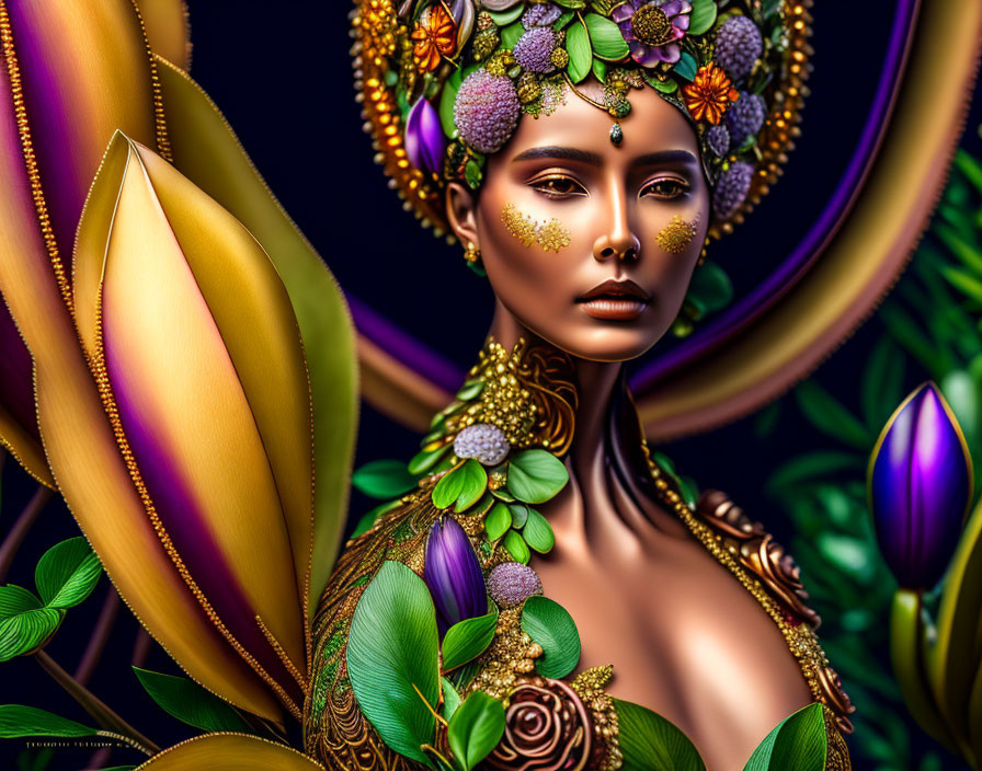 Digital artwork: Woman with floral headdress and jewelry among vibrant flowers