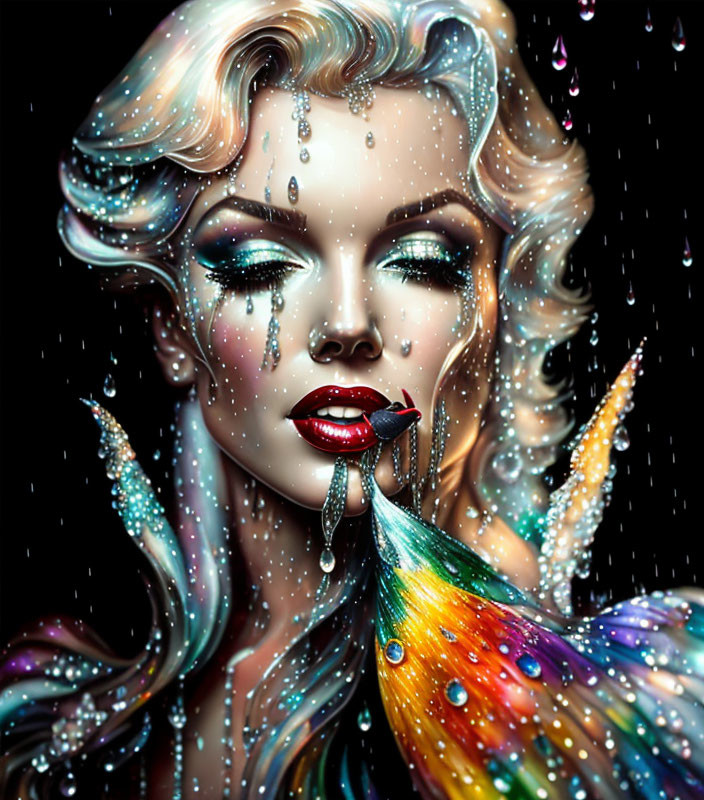 Colorful Portrait of Woman with Butterfly Wings and Glitter Makeup