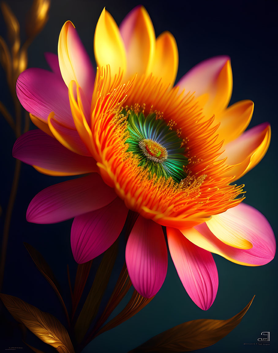 Colorful digitally created flower with pink and yellow gradient petals on a dark background.