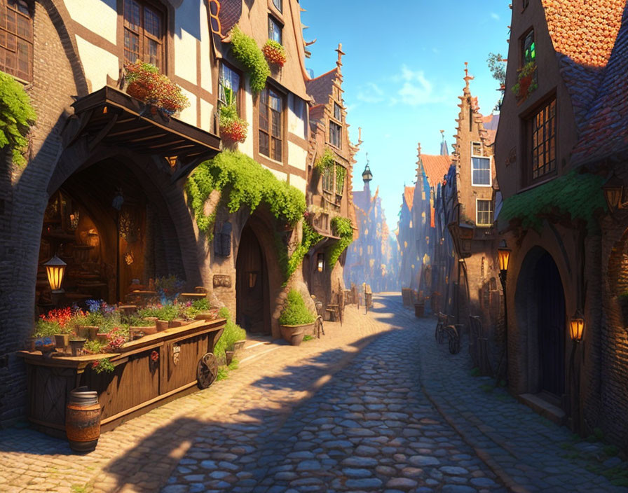 Charming cobblestone street with old-fashioned buildings and flower boxes