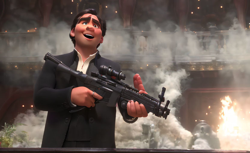 Smiling animated character with machine gun in smoky backdrop