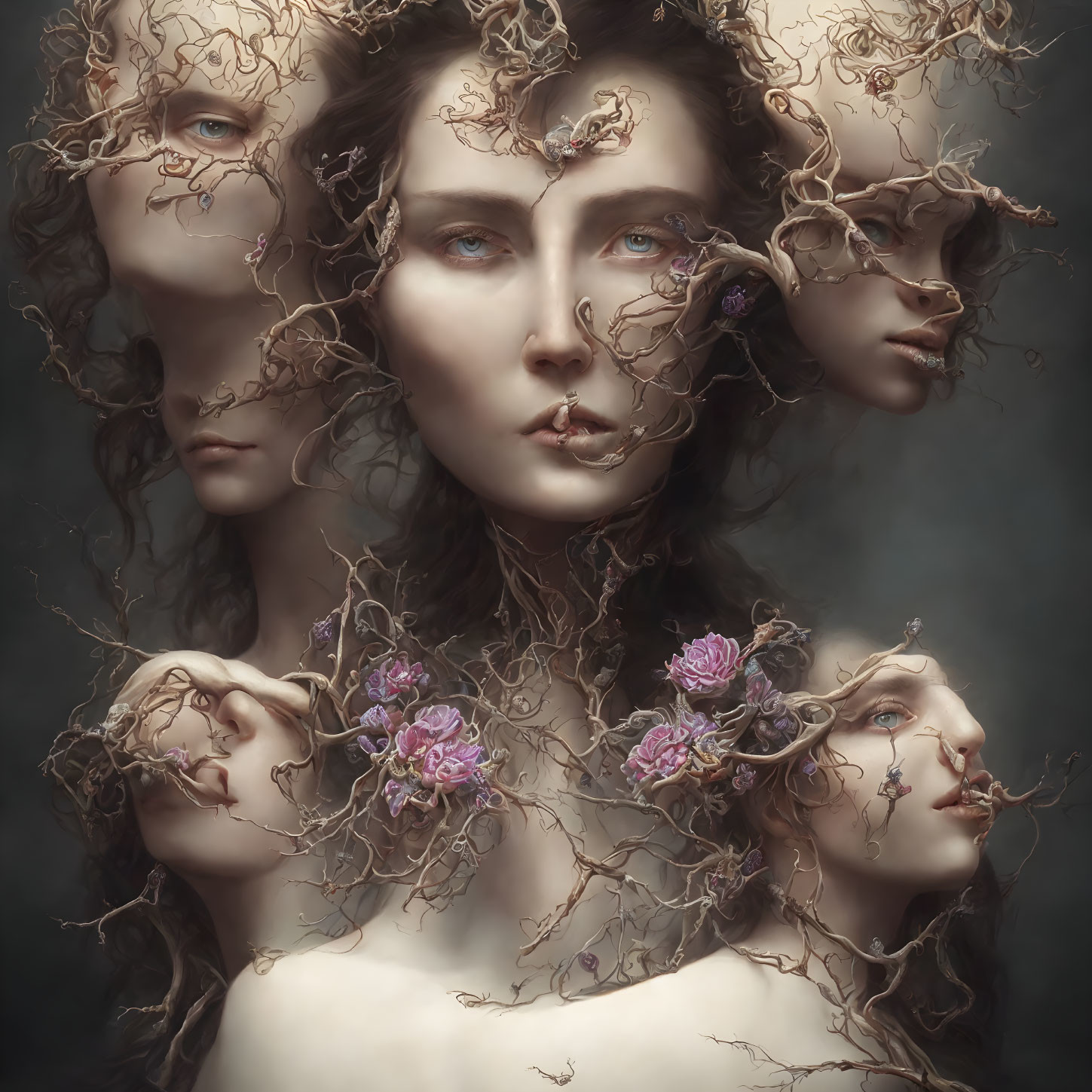 Interconnected female faces with floral elements on dark backdrop