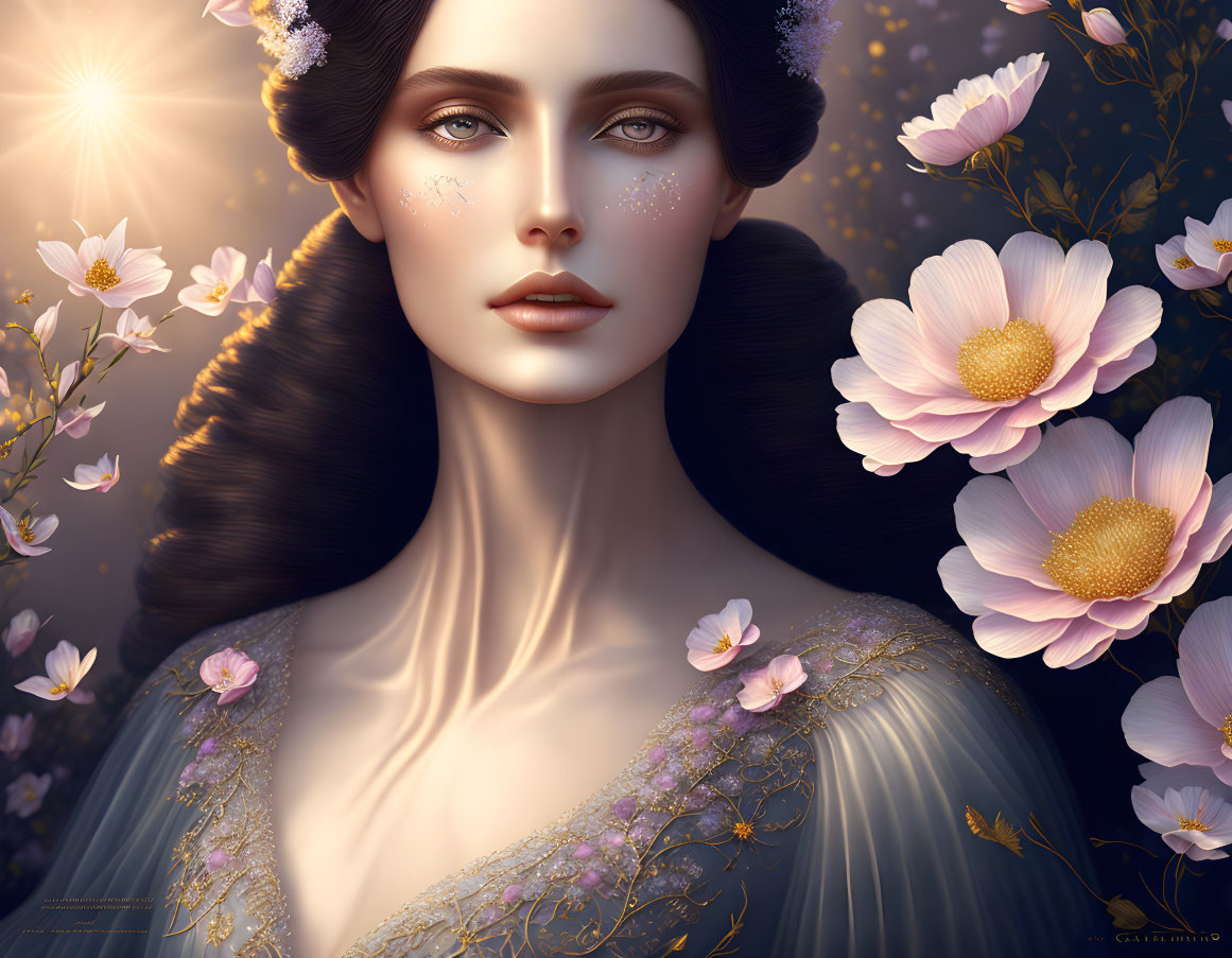 Dark-haired woman with pale flowers in ethereal scene.