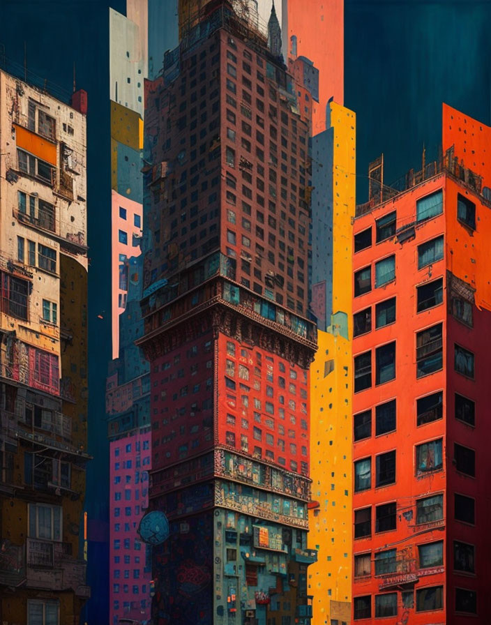 Colorful high-rise buildings in diverse urban architecture under a dark sky