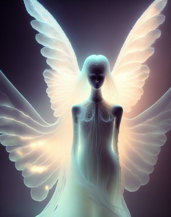 Ethereal figure with glowing wings in serene setting