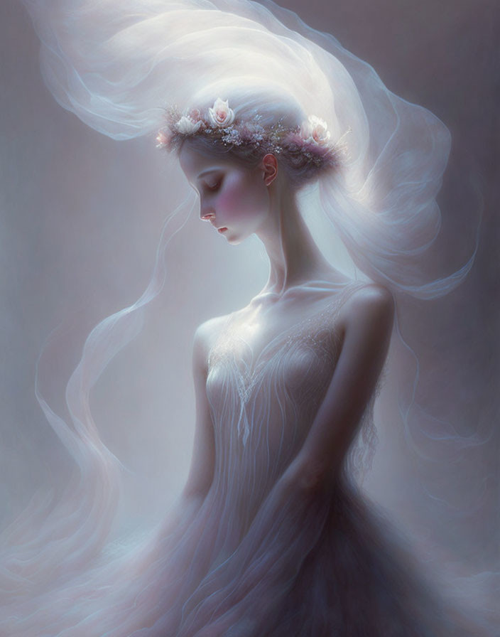 Ethereal white-haired figure in floral crown and gown