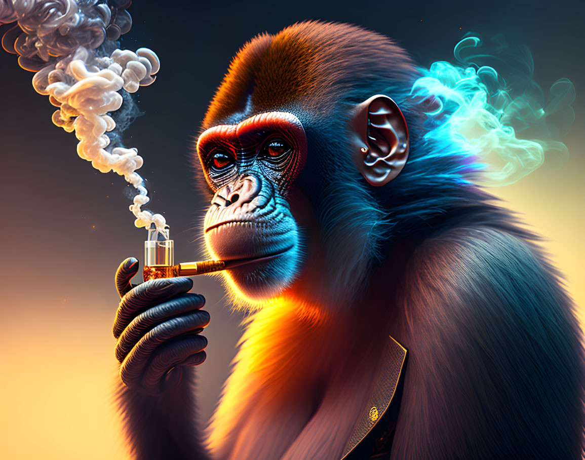 Illustration of monkey in suit smoking pipe with colorful smoke