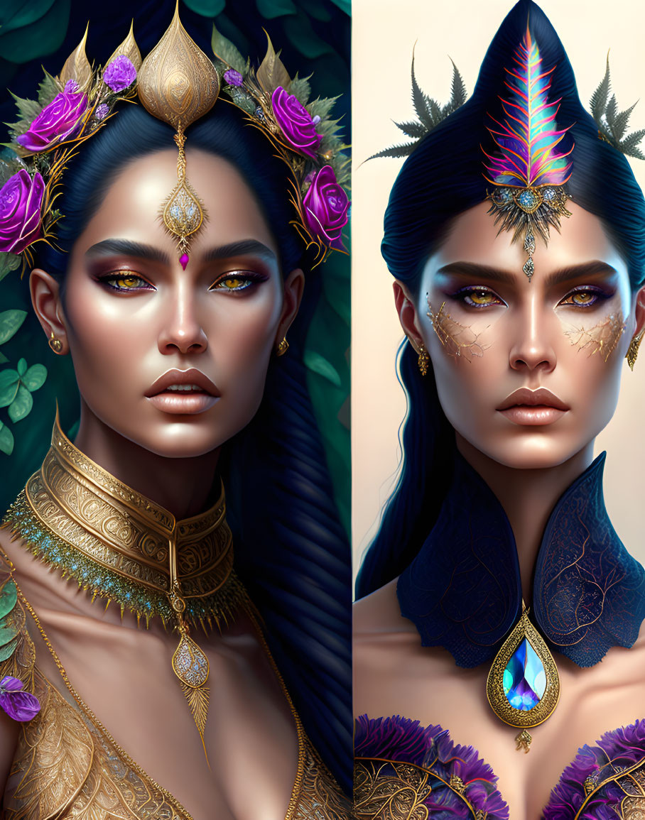 Illustrated female characters with elaborate headdresses and detailed makeup in gold and blue tones.