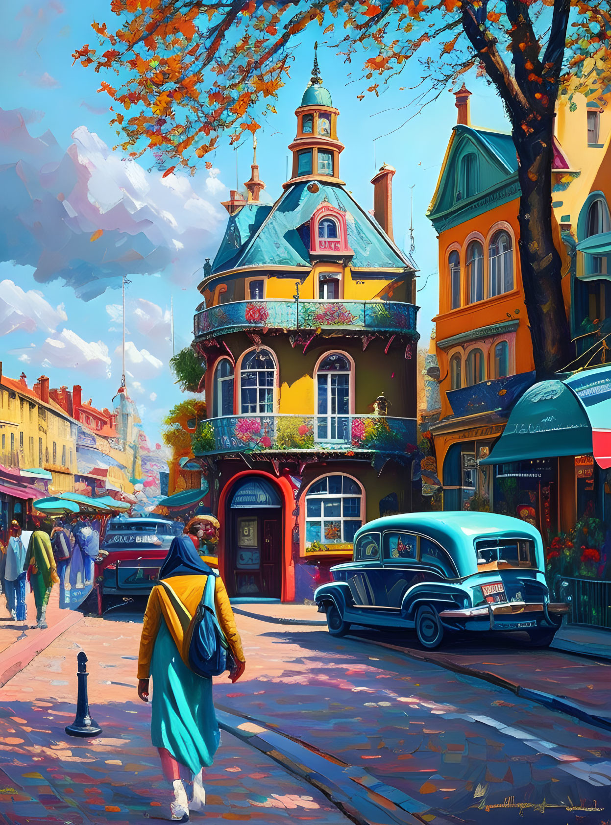 Colorful Vintage Cars and Blooming Trees in Vibrant Street Scene