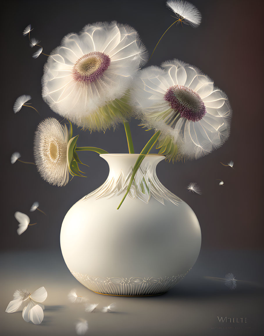 Three dandelion-like flowers with floating seeds in white vase on shaded background