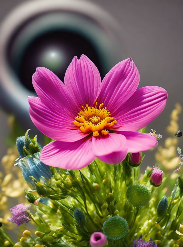 Pink Flower with Yellow Center Surrounded by Green Foliage and Bee in Flight