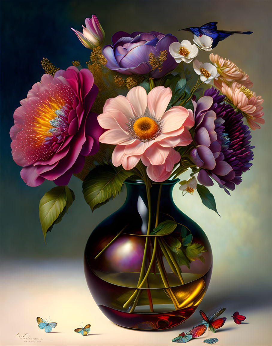 Colorful Still Life with Vase, Flowers, Birds, and Butterflies