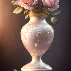 Ornate vase with pink roses and delicate flowers on gradient brown background