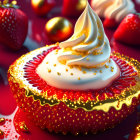 Luxurious Golden Rose Dessert on Strawberry Tart with Fresh Strawberries