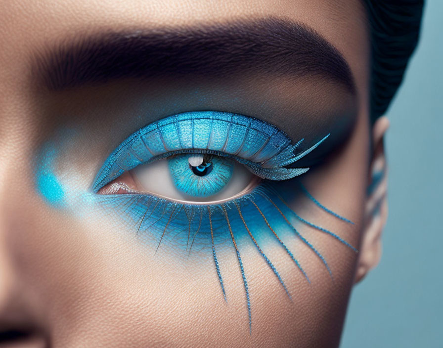 Detailed close-up of person's striking blue eyeshadow and liner with creative feather designs and bright blue