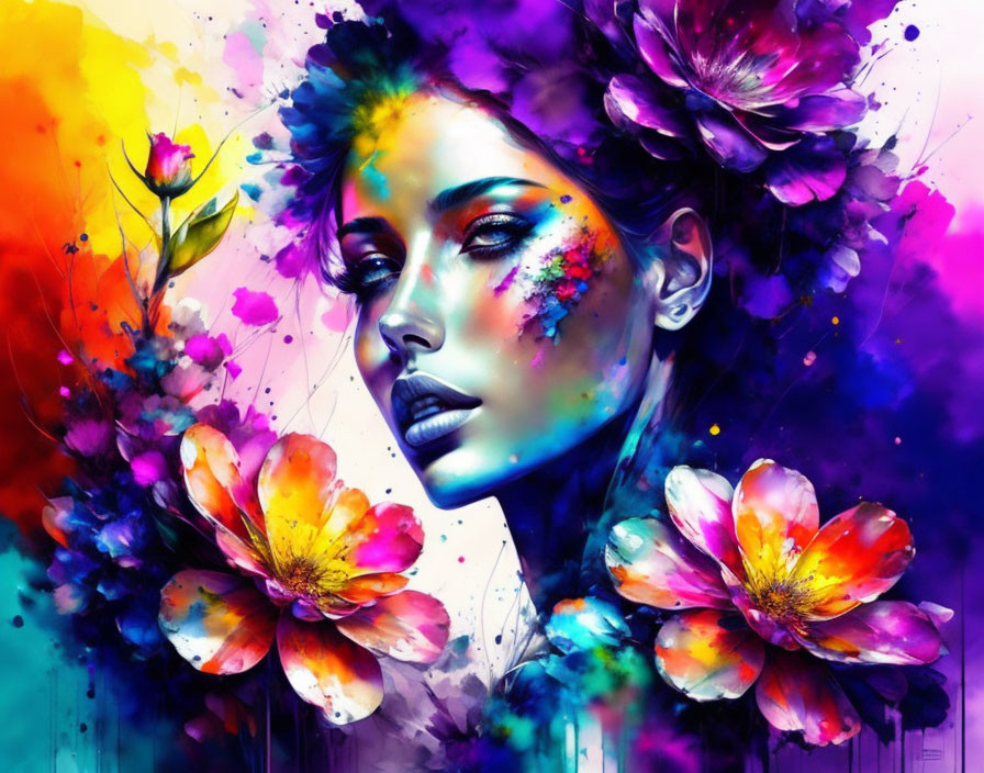 Colorful digital artwork: Woman with floral makeup and hair integration