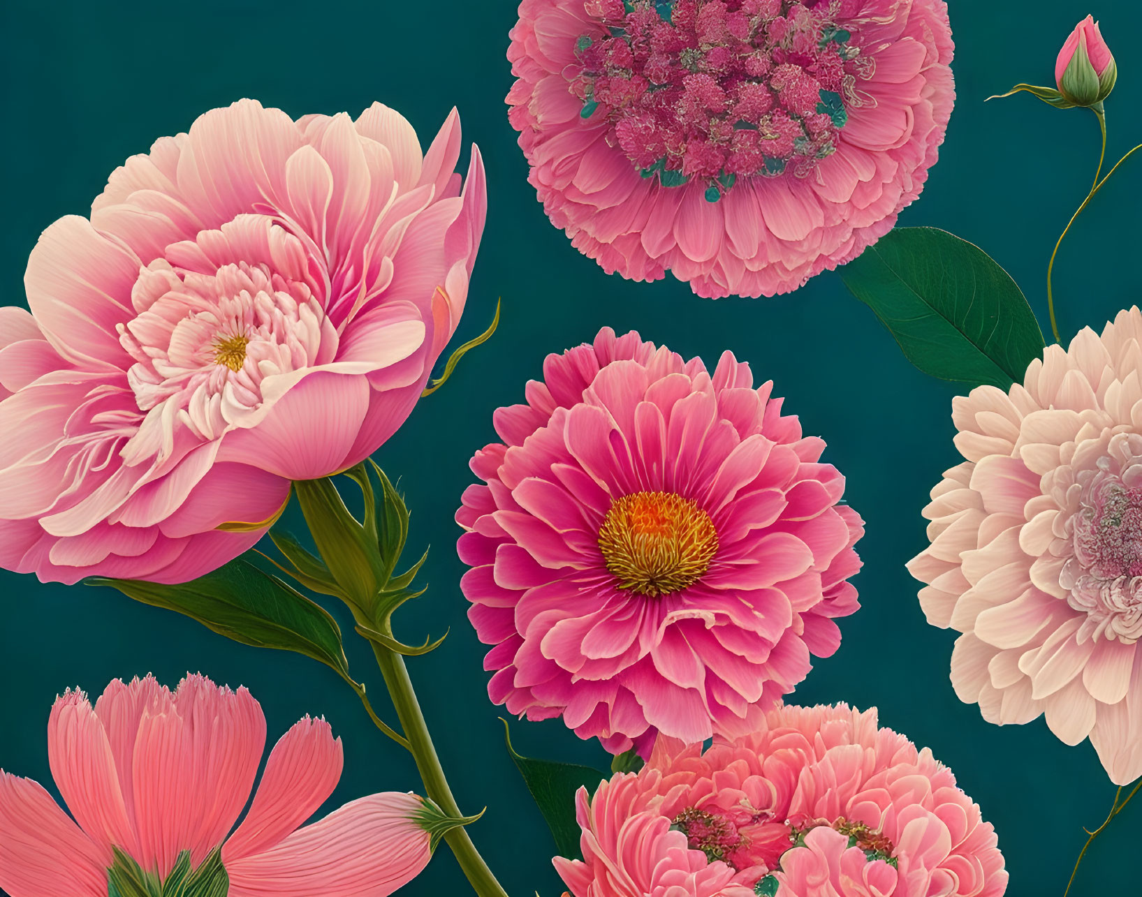 Detailed pink peonies illustration on teal background