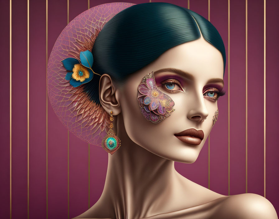 Stylized digital portrait of a woman with teal hair and ornate earring