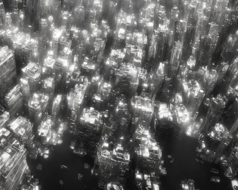 Monochromatic aerial view of illuminated cityscape at night