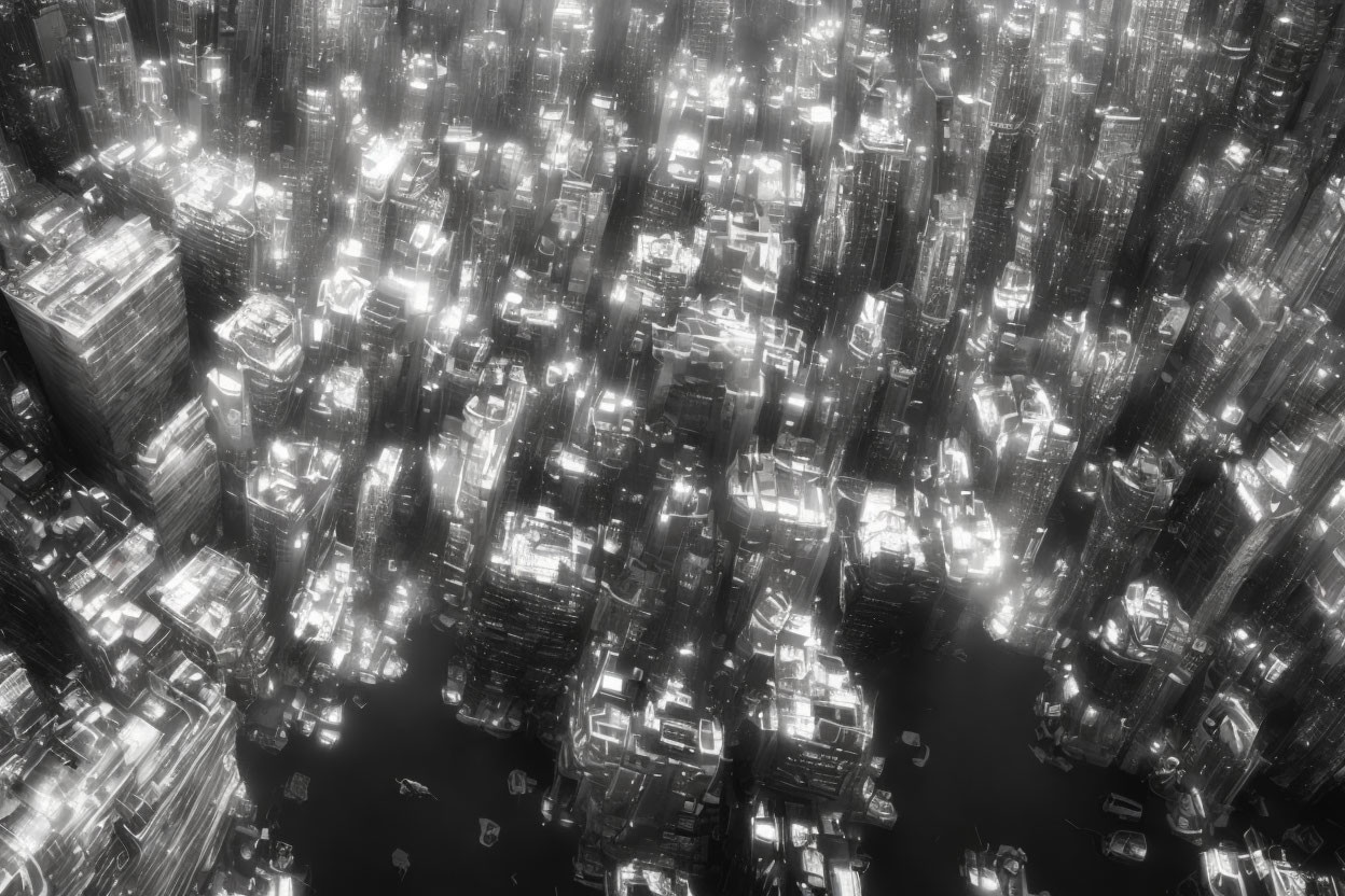 Monochromatic aerial view of illuminated cityscape at night