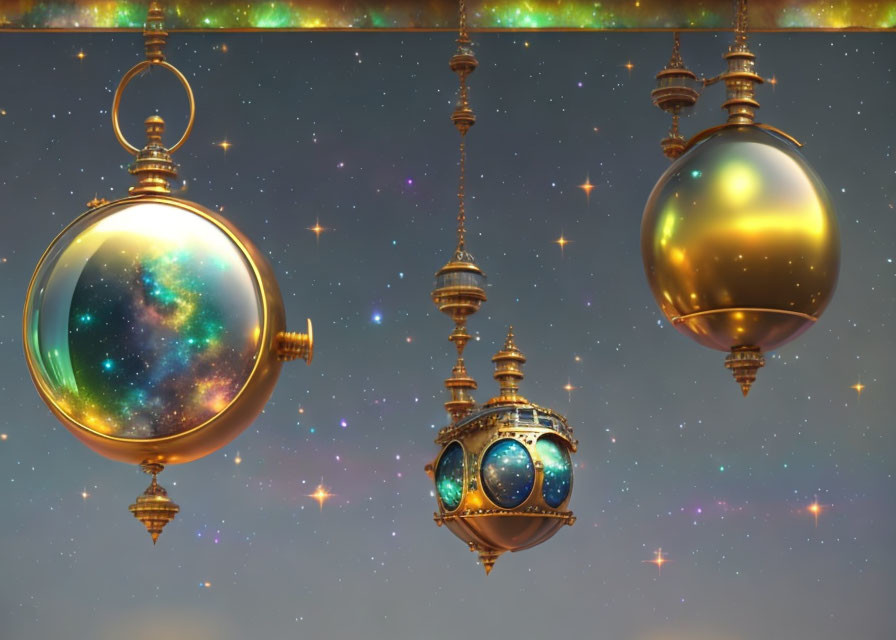 Celestial-themed hanging baubles with galaxy encapsulated in starry sky background