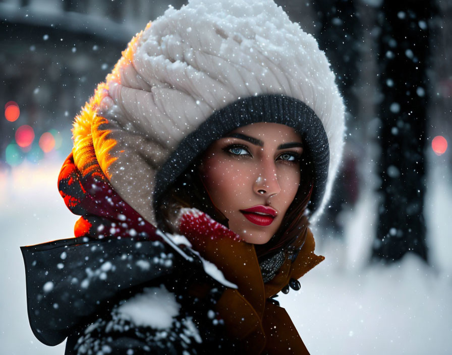 Woman in snow-dusted hood gazes with striking eyes amid falling snowflakes