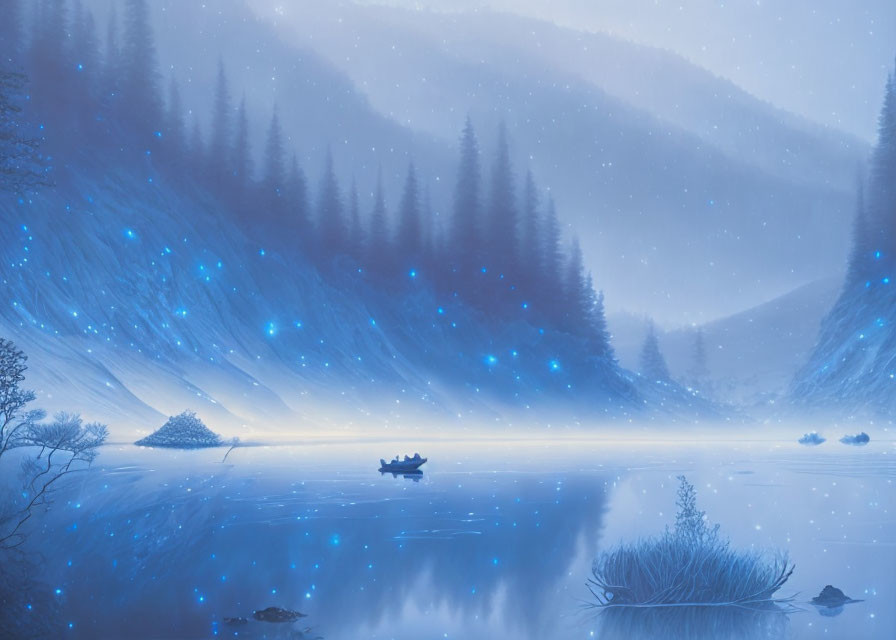 Frozen Lake with Glowing Blue Lights in Winter Scene