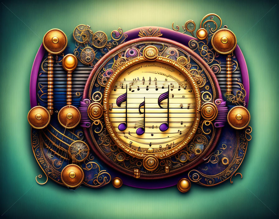 Steampunk-inspired musical staff surrounded by gears and pipes