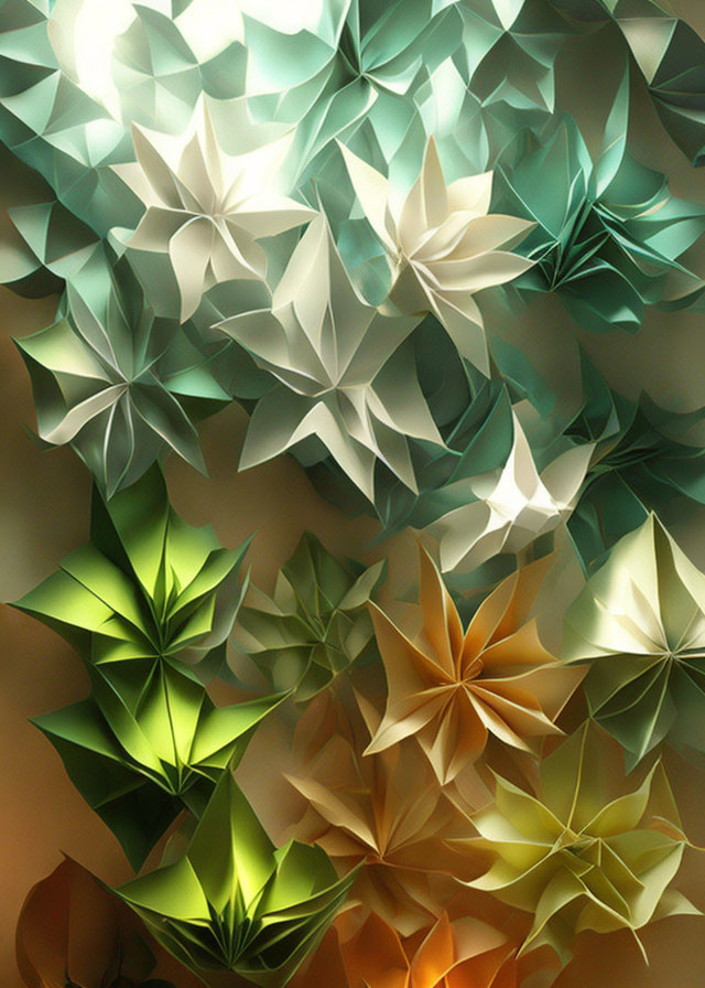 Origami-like flowers in shades of green, white, and gold on gradient background