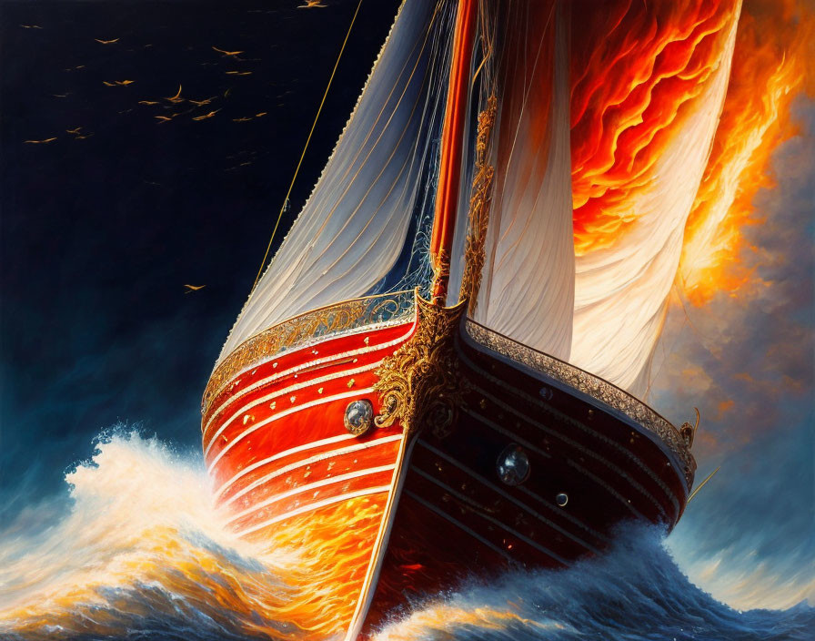 Colorful ship painting with burning sails in stormy seas and dramatic sky.