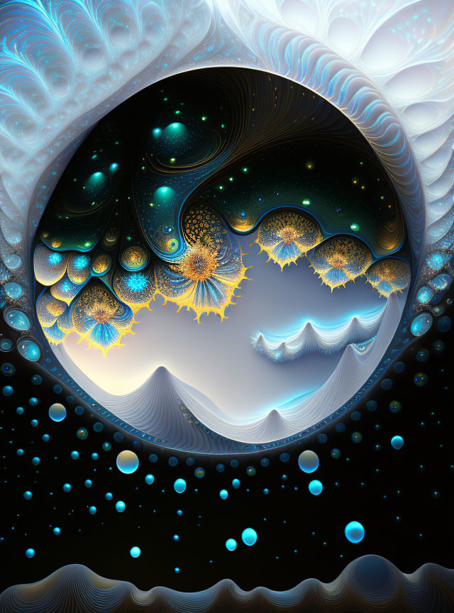 Surreal fractal art: Circular portal with blue and gold patterns, starry night backdrop.