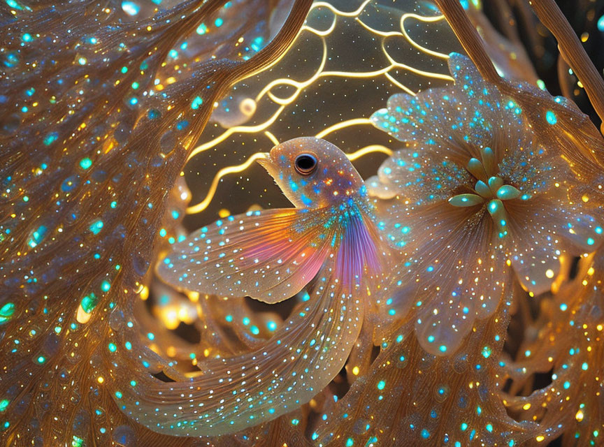 Colorful fish with glowing fins among luminescent sea flora in mesmerizing underwater scene