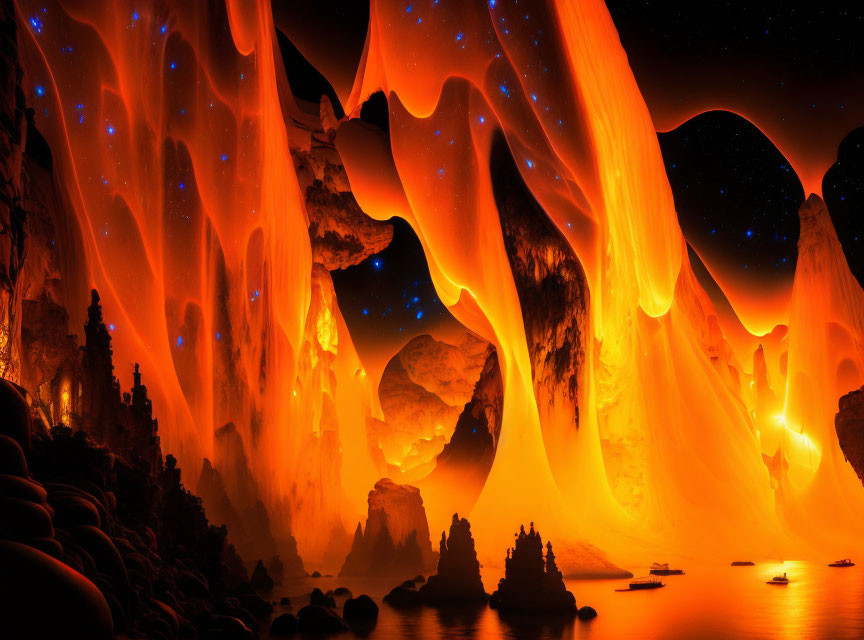 Fantastical cavern with flowing lava, glowing walls, stalactites, stalagmites, and