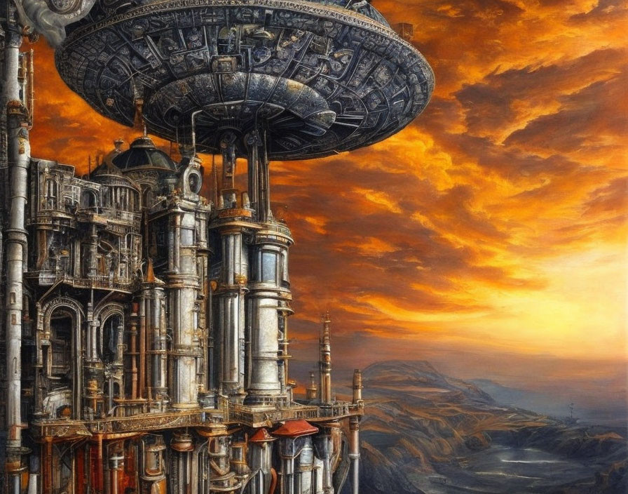 Steampunk-style building under hovering spaceship in dramatic orange sky