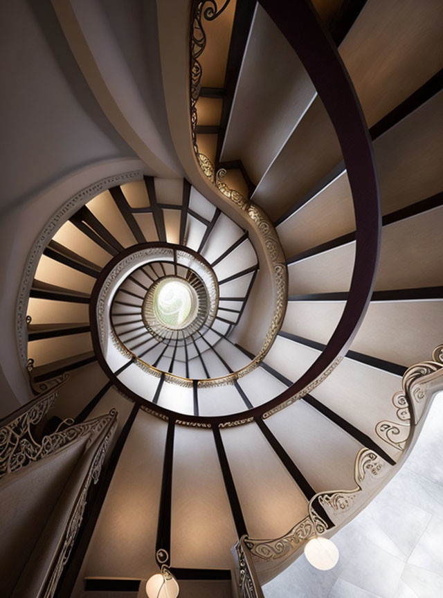 Ornate baluster spiral staircase with pendant lights viewed from below