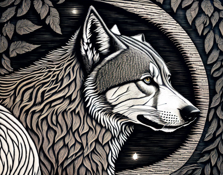 Detailed black & white wolf head surrounded by leaf patterns