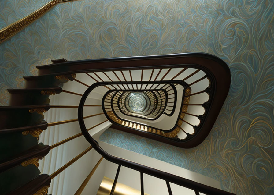 Ornate banister spiral staircase with patterned wallpaper background