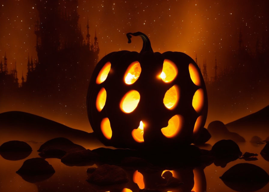 Glowing jack-o'-lantern against eerie orange-lit skies