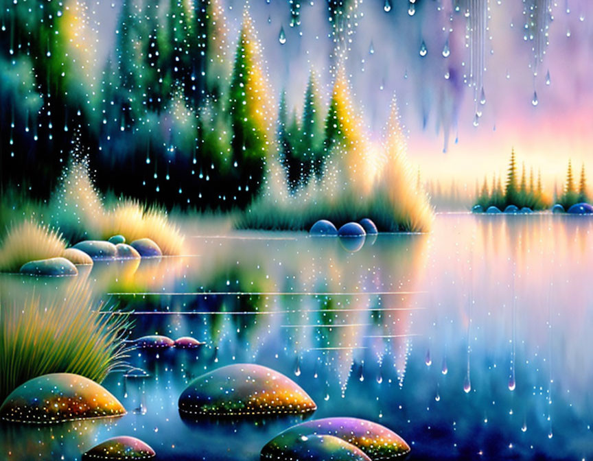 Tranquil Landscape: Colorful Lake, Starry Sky, Northern Lights