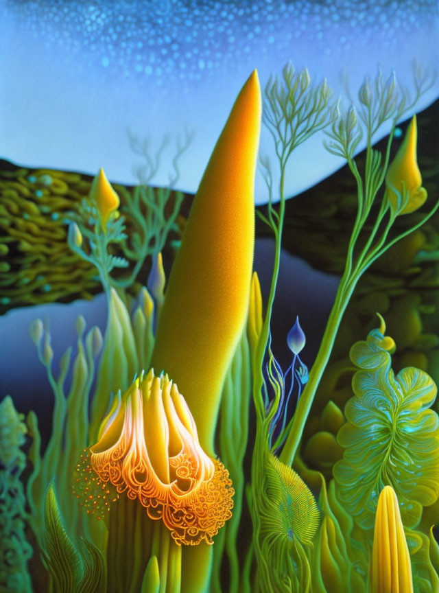 Colorful Underwater Scene with Yellow Coral and Green Plants