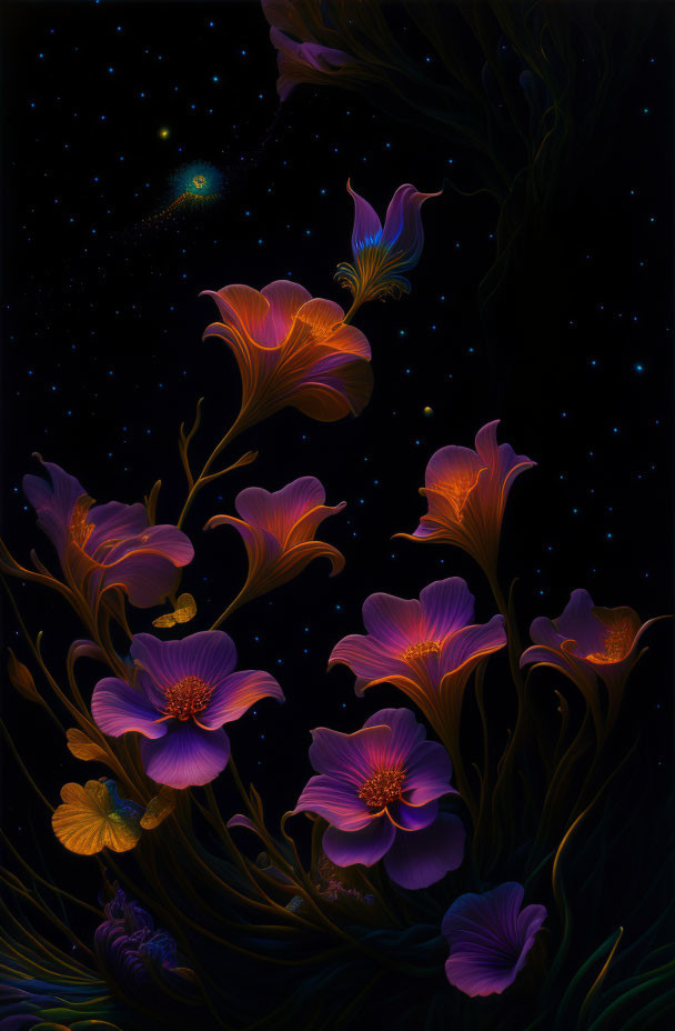 Vibrant violet and orange flowers on dark, starry backdrop