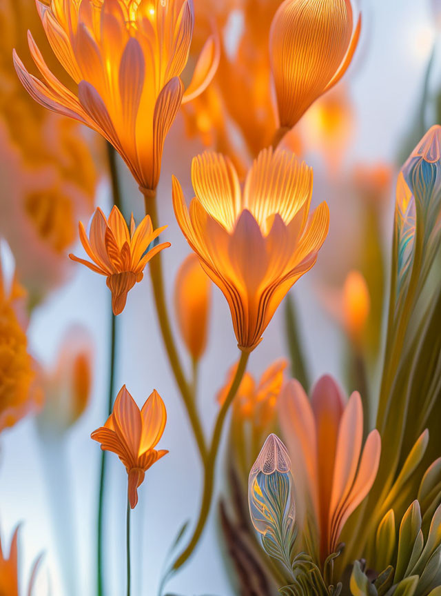 Orange Flowers Illuminated on Light Blue Background