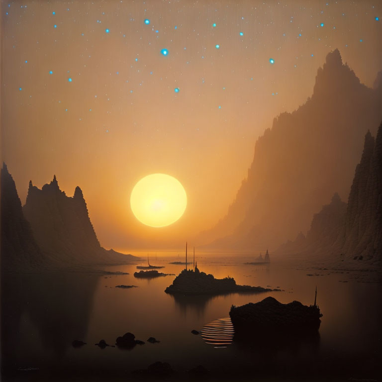 Tranquil sunset over calm lake with towering cliffs