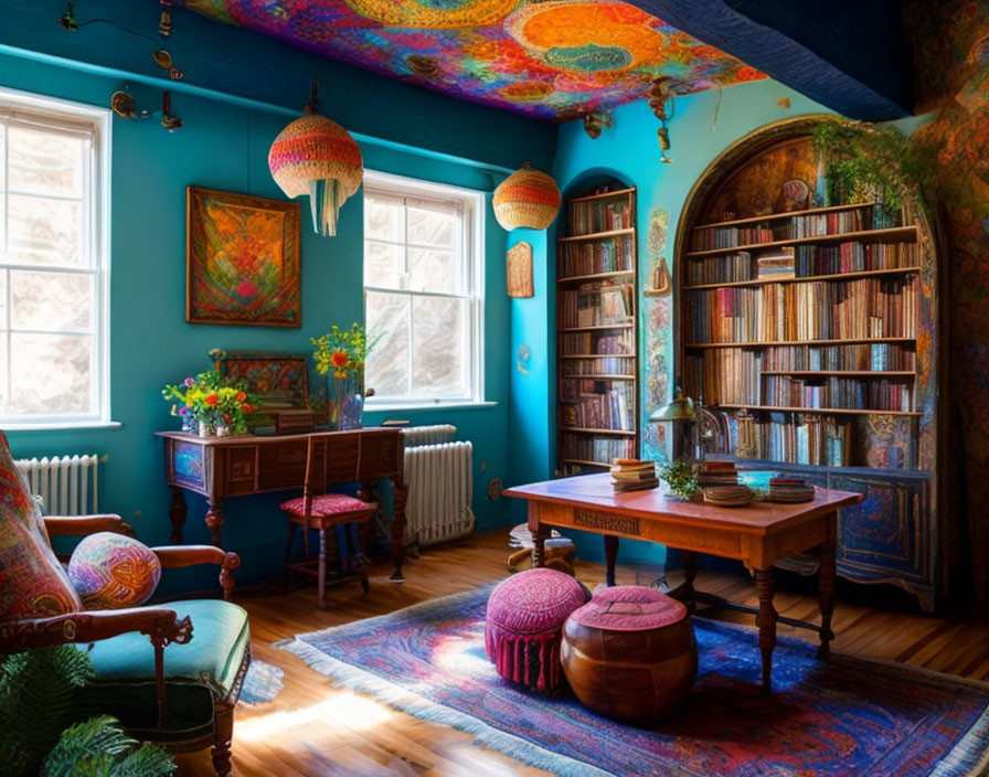 Colorful teal room with bookcase, textiles, lanterns, desk, rugs, and eclectic decor