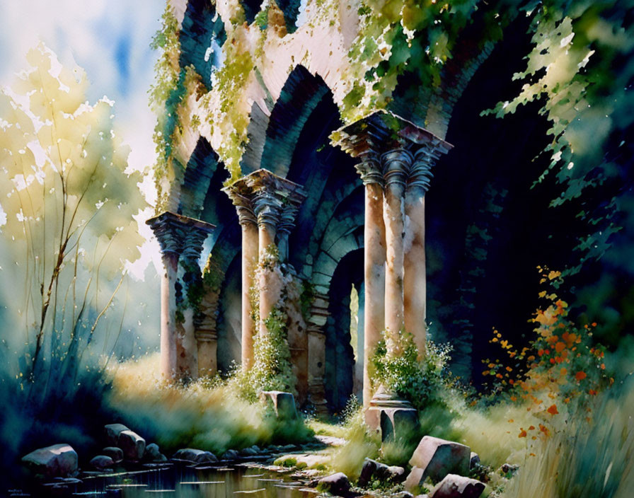 Watercolor painting: Sunlight on ancient stone arches by a stream