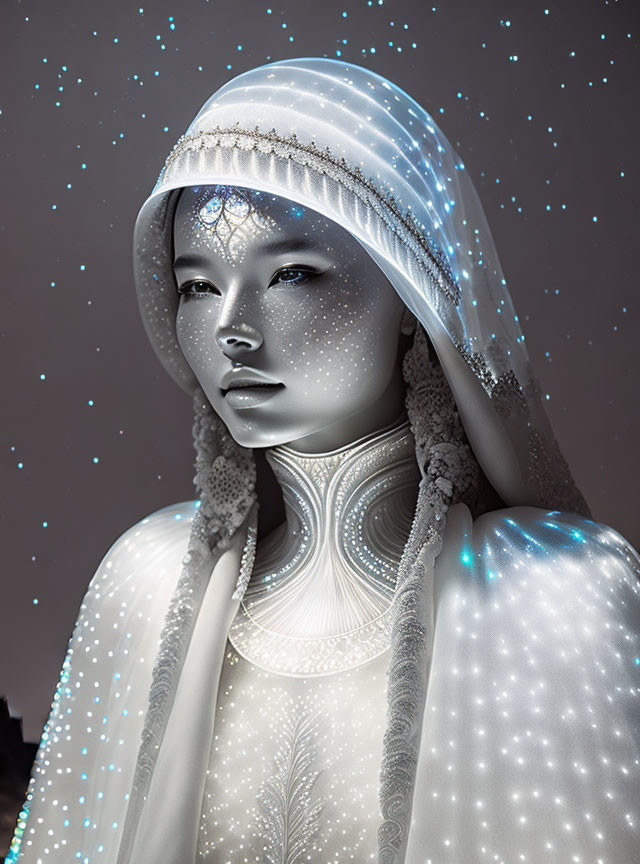 Person wearing star-patterned hooded garment with celestial theme and intricate designs.