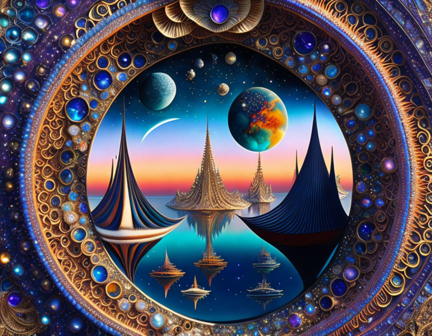 Digital art: Fantasy landscape with floating spire-like structures in cosmic sky