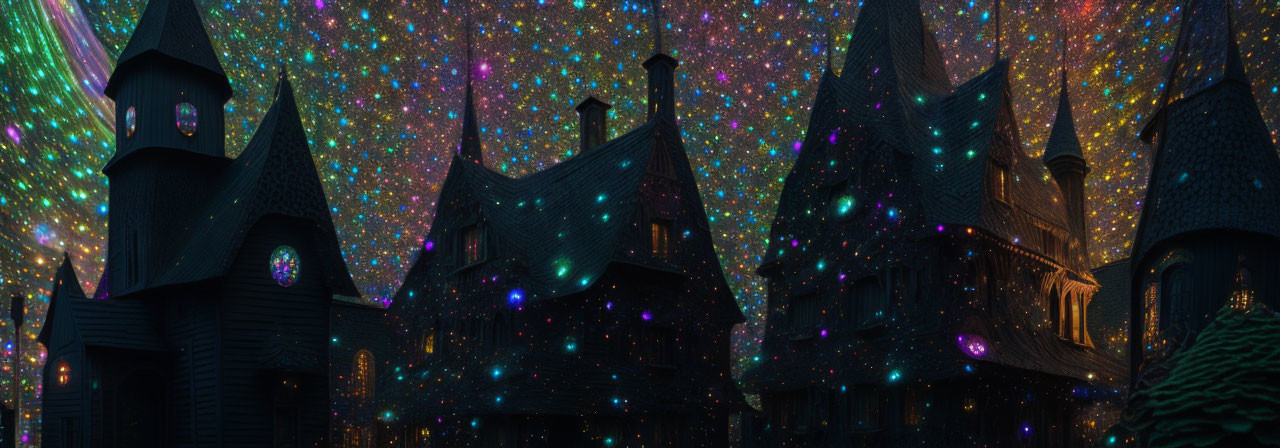 Magical village with multicolored lights against night sky