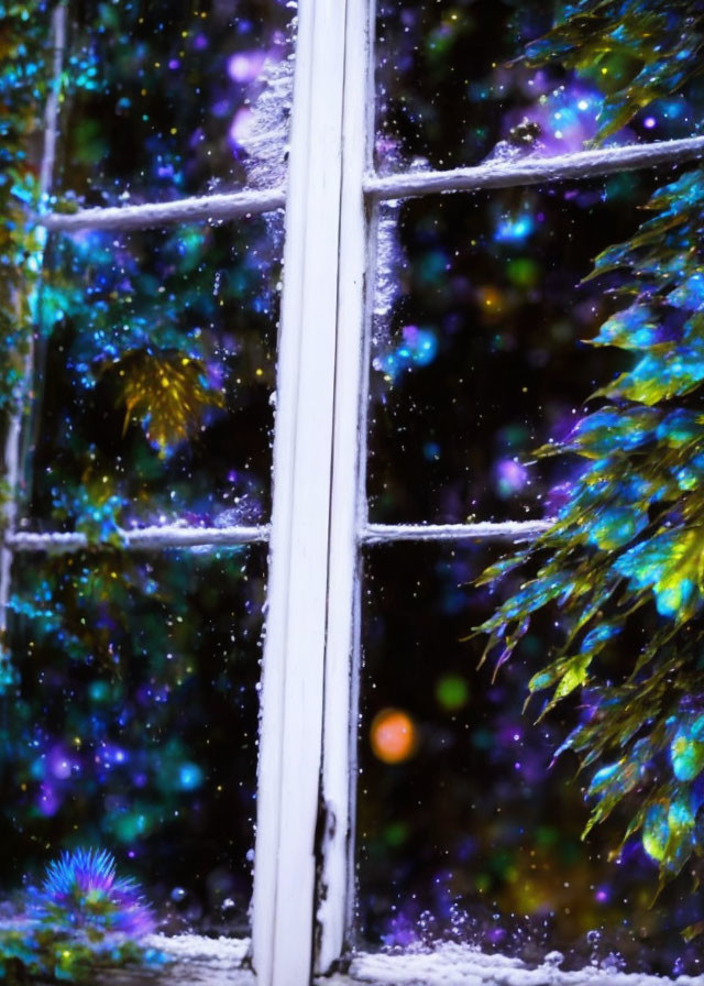 Frosty windowpane with bokeh lights and Christmas tree ambiance.