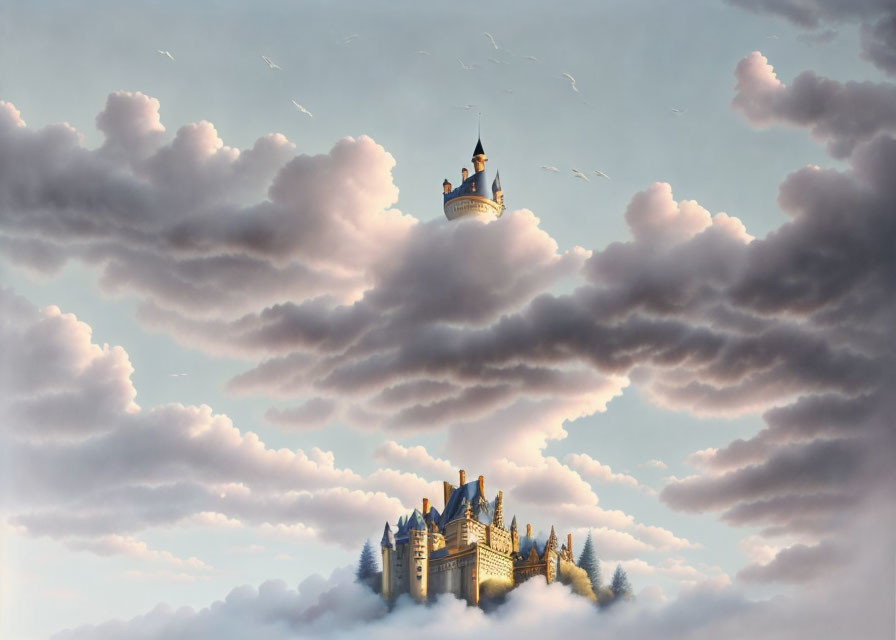 Surreal castle on cloud with tower and birds in sky